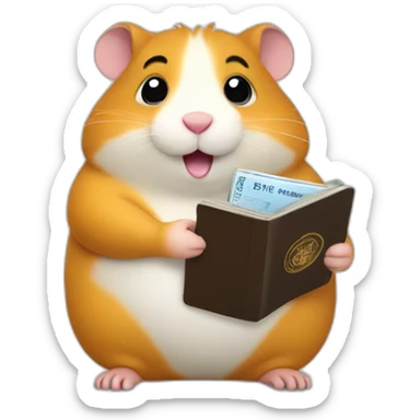 Fat hamster is sitting and holding a passport sticker