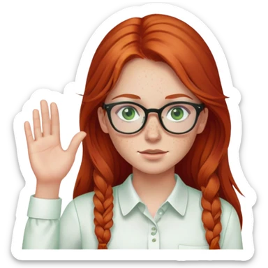 red-haired girl, long hair, green eyes, freckles, glasses, white shirt, sticker