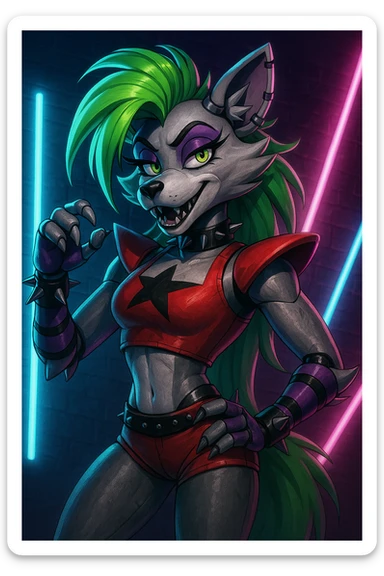 Roxanne Wolf from Five Nights at Freddy's: Security Breach, stylized as a cool, confident animatronic wolf with green hair, purple accents, and a punk rock vibe sticker
