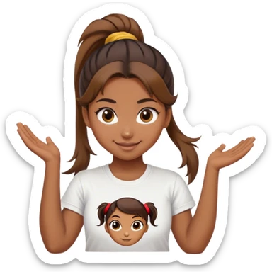 Beautiful girl smilling with big eyes, ponytail and "ryu" written on tshirt sticker