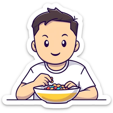 Elon Musk eating a bowl of cereal, tech entrepreneur with short dark hair enjoying breakfast sticker