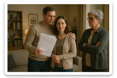A middle-aged man standing protectively between his wife and his critical mother-in-law, his body language shielding his wife, holding medical reports in his hand, living room background, tense but supportive atmosphere. sticker