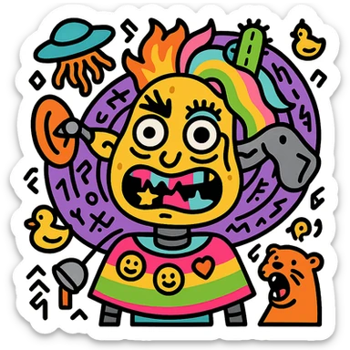 chaotic character with lumpy stretched potato face, mismatched eyes, glitching mouth, star teeth, big nostril, wild eyebrows, satellite dish and sock puppet ears, half fire half pastel rainbow hair with cactus wearing monocle, UFO dropping spaghetti, robotic body in neon poncho with floating emojis, vortex background with rubber ducks, runes, screaming ferret sticker