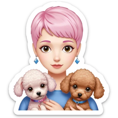 short pixie bangs platinated woman pink hair no bang，fair-skinned ,holding two poodles sticker