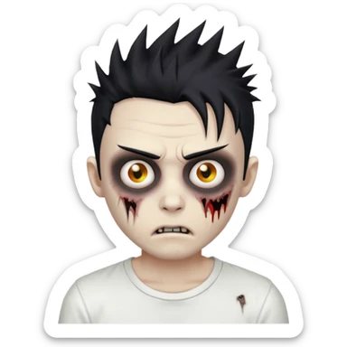 zombie boy with wild spiky hair, white shirt, dark circles under eyes, emoji style sticker