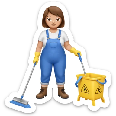 old and fat women, brown hair, Custodian with yellow rubber gloves, white T-shirt, blue overalls, mopping floor sticker