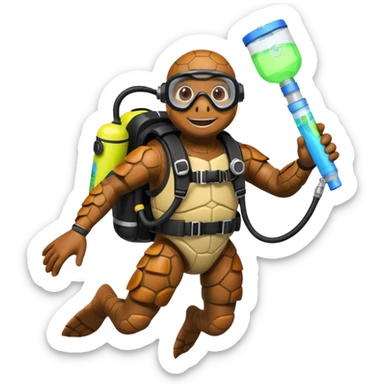 A calm sea turtle diver with mini oxygen tank, descending with a glow-stick in hand.

 sticker