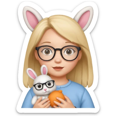 Girl kid with glasses → holding a toy rabbit sticker