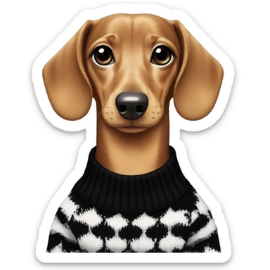 Dachshund wearing black and white Sweater with chanel logo  sticker