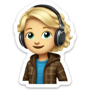 plaid brown jacket on Cubby, blonde, little kid with blue eyes and has headphones on sticker