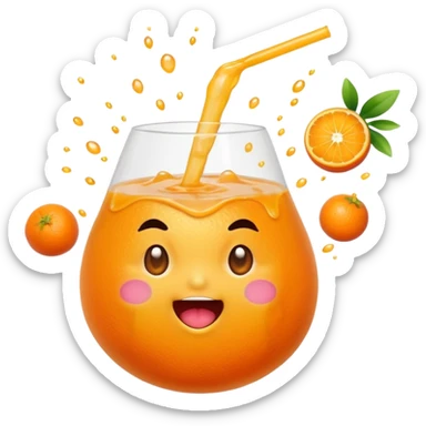 Cute mandarin emoji exploding with juice, chubby shape, sparkles, playful expression, kawaii style, transparent background. sticker