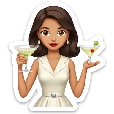 Beautiful woman in 1950’s woman fashion look, white dress, long dark brown hair, martini  sticker