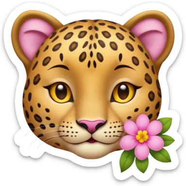 A cutE leopard face with eyes closed and a peaceful smile. A pink flower with a yellow center is tucked behind its right ear, adding a charming and gentle touch.  sticker