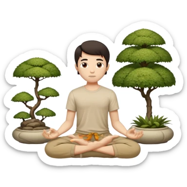 rapaz magro cabelo escuro, camiseta bege e  bermuda bege escuro, corpo inteiro meditando  num jardim oriental sticker