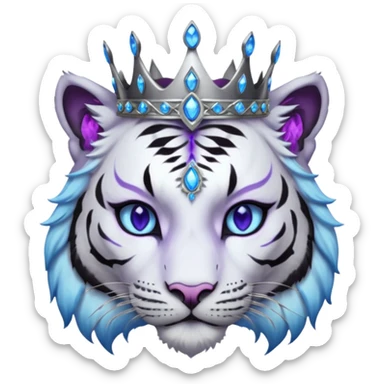 ESO Female white/black tiger khajiit leader of the umbral rose, glowing blue eyes, glowing blue 'third eye' gem; silver crown/tiara with purple gems  sticker