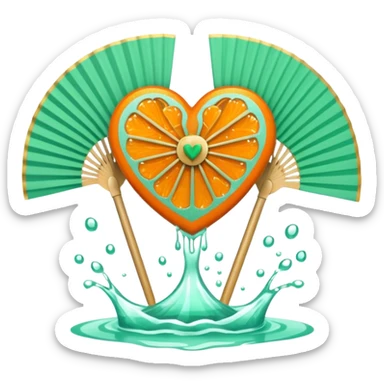 orange glittery heart, chopped  in pieces  with mint green water dripping down and a couple art deco fans  sticker