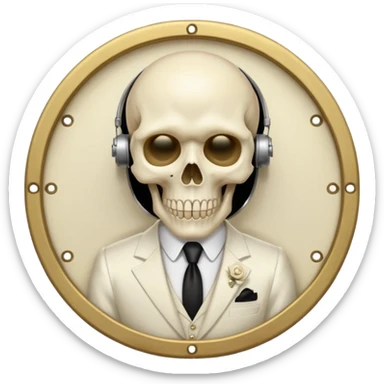 cinematic realistic - Megadeth icon - a gentleman in an ivory ethereal suit, with a skull instead of a head, and a metal plate with screws over his eyes instead of glasses sticker