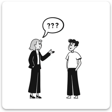 A blonde woman in a black suit talking to a brown-haired man in a white t-shirt. The woman has a speech bubble above her head. The woman is talking and the man is smiling. sticker
