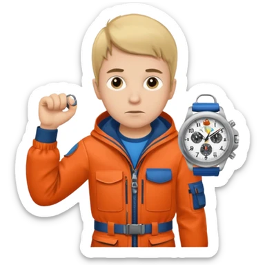 Boy in fishing suit looking at his wristwatch sticker