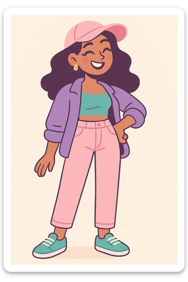 hot girl, casual chic, smiling, soft pastel tones sticker