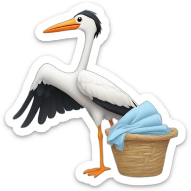 stork carrying a light blue bundle of cloth in its beak that has a human baby with dark hair and the baby face and head is peeking from the cloths bundle the strok is carrying with its beak sticker