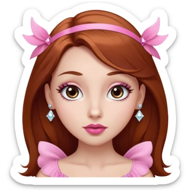 girl with fair skin, long straight reddish brown hair, big brown almond eyes, long eyelashes, thick dark eyebrows, straight nose, full pink lips with cupids bow, diamond face shape, clean girl aesthetic sticker