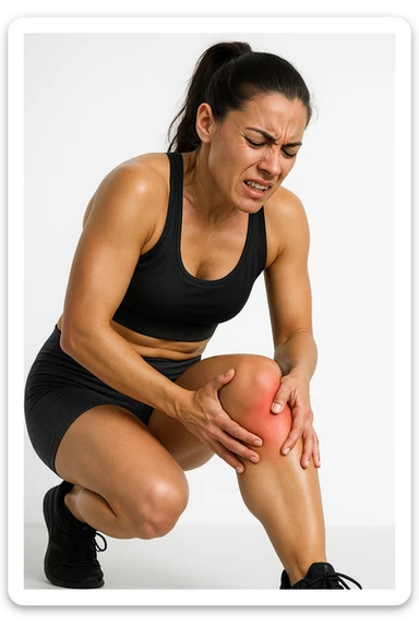 donna fitness che si tocca la gamba dolorante con espressione di dolore in volto, sente le gambe pesanti, iperrealistica 4k, sfondo bianco sticker