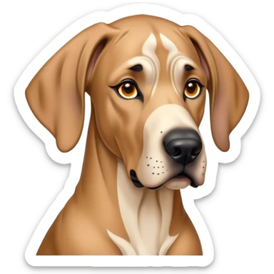 Cinematic Noble Fawn Great Dane Portrait Emoji, Poised and regal, with a towering, muscular build and a sleek, well-groomed solid fawn coat accented by subtle dark markings, deep-set soulful amber eyes, Simplified yet sharp and sophisticated features, highly detailed, glowing with a soft, dignified glow, high shine, intelligent and gentle, stylized with an air of majesty, focused and attentive, soft glowing outline, capturing the essence of a watchful and confident guardian, so majestic it feels as though it could stride out of the screen with effortless authority! sticker