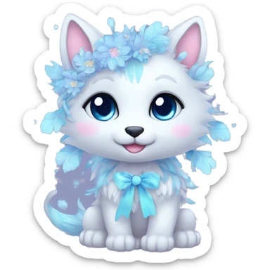Anthro Cute Cool Pastel Kawaii gorgeous sparkly ethereal fantasy animal creature with blue eyes furry sona with flowers and ribbons beautiful aesthetic sticker