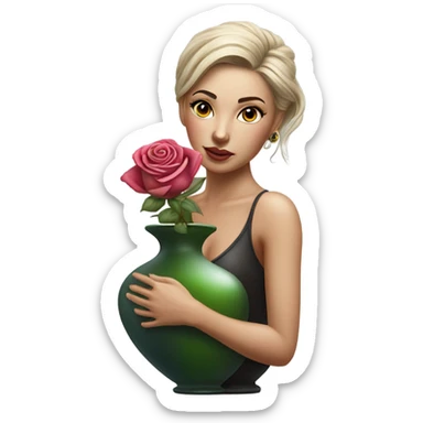 Hyper Realistic beautiful woman model with a small rose tattoo arranging flowers in a vase sticker