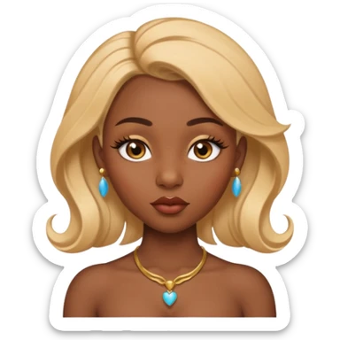 darkskin female with eyebrows that are naturally shaped and frame eyes well, eyes that are almond-shaped with defined lashes. nd lips are full with a defined cupid’s bow, add also a septum piercing that adds an edgy, stylish flair. a middle-part, honey blonde bust-down with laid baby hairs sticker
