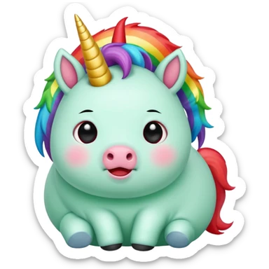 Small chubby unicorn in colours of jade green, black and red eyes, farting rainbow sticker