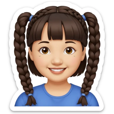 woman with dark brown hair in pigtail braids, blunt cut bangs, chubby, brown eyes, smiling without teeth showing sticker