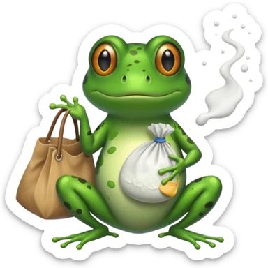 A frog holding a bag of white powder sticker