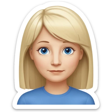 50 yr old white woman, hippe part bangs, very long straight blond hair, oval face, small smile, blue eyes, thin face, hair downback, hair parted at center of head, round cheeks, pale, longer hair sticker