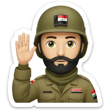 surrenders, depicts an Iraqi soldier from 1980, with a beard, in a helmet, a helmet with sign flag Iraq, with a balaclava, with sad eyes and both hands raised up sticker