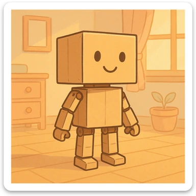 cartoonish cardboard robot with square head, simple drawn face, jointed limbs, standing in a warm, softly lit room with wooden floor, pastel colors, clean lines, nostalgic and cozy sticker