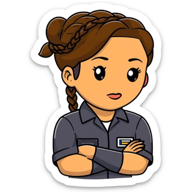 A 40-year-old Latina woman car mechanic with light brown skin, wearing black mechanic uniform, with two braids pulled back from her head sticker