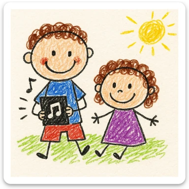 A 6-year-old boy and his 4-year-old sister with brown curly hair sitting together, the boy holding an iPad playing music, in children's doodle style sticker