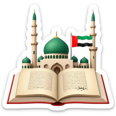 An icon featuring the mosque and the flag of United Arab Emirates, symbolizing the Arabic language. The design includes an open book with Arabic script and calligraphy, representing language learning and cultural heritage. Transparent background sticker
