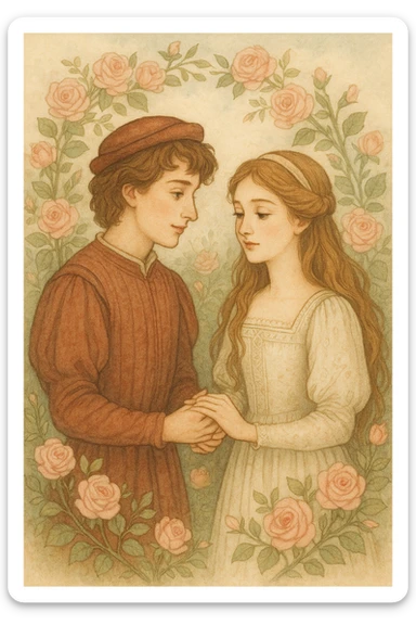 Romeo and Juliet holding hands, surrounded by roses, gentle expressions, romantic and dreamy, storybook style sticker