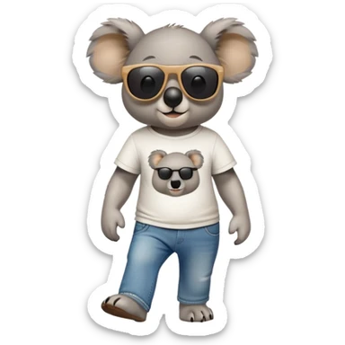 anthropomorphised koala wearing a 'Go' t-shirt and jeans with dark sunglasses walking upright sticker