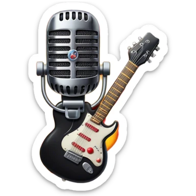 Create a bold and dynamic emoji representing rock vocal performance in a humanless collage. The design should feature a vintage microphone at the center, surrounded by key rock elements like an electric guitar, drumsticks, and a guitar pick. Include symbols of energy, such as lightning bolts or flames, and subtle musical notes or sound waves to evoke the raw power of rock vocals. Use dark, bold colors like black, silver, and red, with hints of chrome or metallic accents to convey the edgy, rebellious spirit of rock music. The background should be transparent. sticker