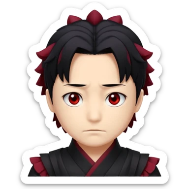 Tanjiro Kamado has a kind, yet determined, appearance with ruffled, black hair that has red/burgundy tips. His most prominent facial features are his wide, dark red eyes and a distinctive scar on the top left of his forehead. sticker