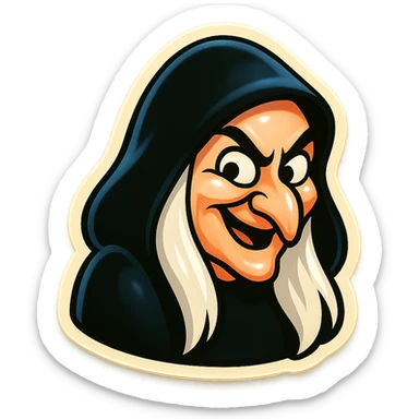 mischievous witch emoji with pale skin, long white hair, black hood, classic animated look sticker