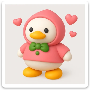 3D iOS style emoji of a duck wearing a pink hoodie with green buttons and yellow shoes, mimicking the colors and composition of the reference image, add pink hearts sticker
