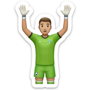 goalkeeper, standing, wearing a green shirt, shorts, socks and football trainers, with arms raised sticker