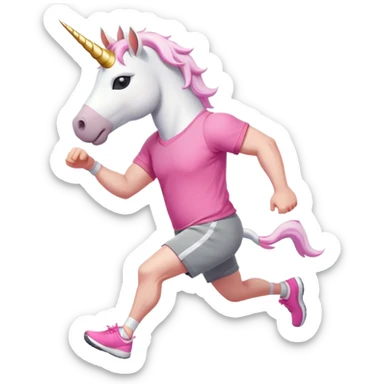 friendly anthropomorphised male white unicorn with a stocky, strong build, white arms and legs, wearing grey shorts and pink t-shirt, dark sunglasses, jogging upright in a relaxed pose sticker