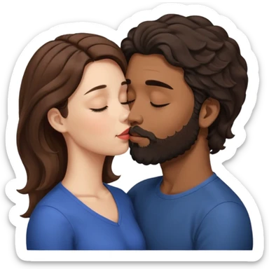 White woman (brown hair with eyes closed) kissing the top of the head (forehead) of brown man with black wavy hair (has a a beard with his eyes closed too). Woman has her lips to the forehead of the man. sticker