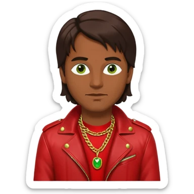 Robert Pilatus, German Singer (1964-1998) with medium dark skin, long dark brown hair, green eyes, red outfit sticker